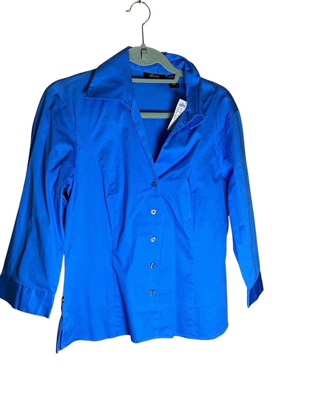 Allison Morgan Shirt Womens L Blue Cotton Stretch Long Sleeve Collared Button Up